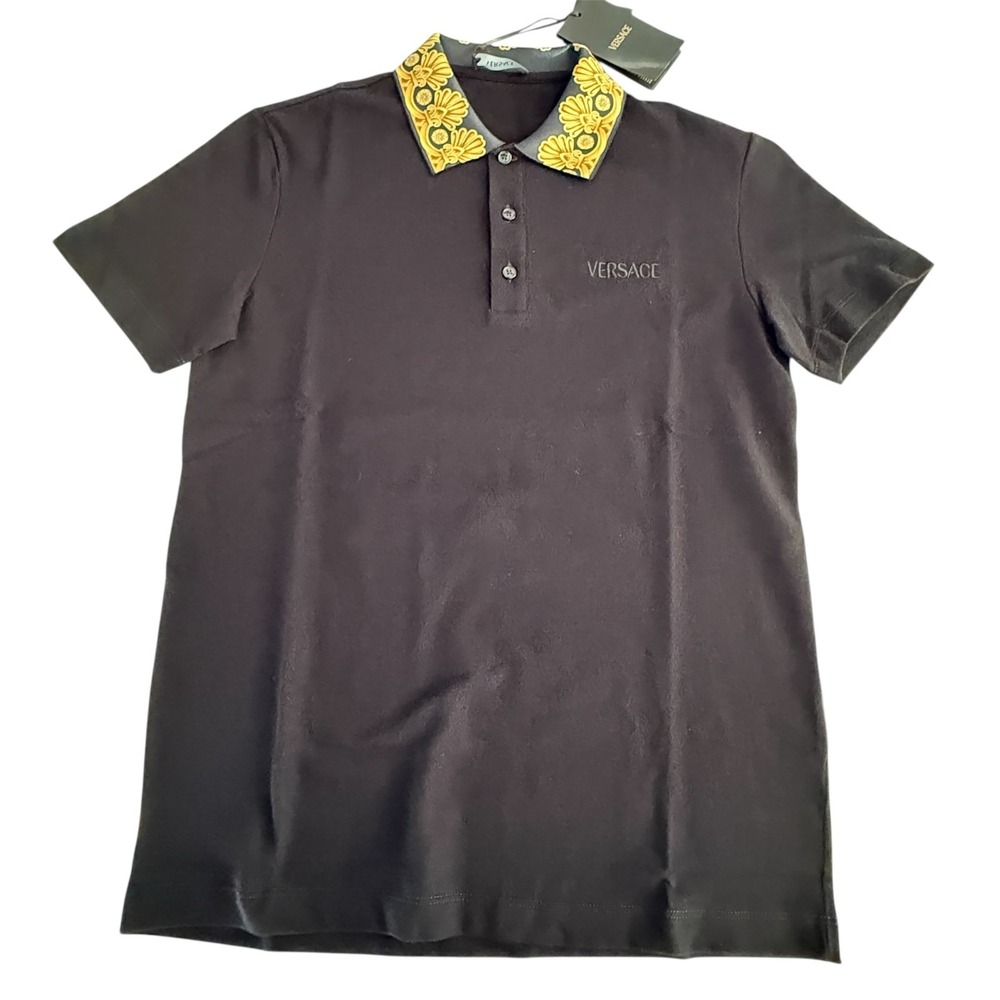 VERSACE Men's Black Cotton Polo Shirt with‎ Heritage Yellow Collar, X-Small